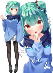 Rule 34 | 1girl, :d, arm between breasts, between breasts, black pantyhose, blue sweater, blush, breasts, closed mouth, double bun, green hair, grey footwear, hair between eyes, hair bun, hair ornament, hand up, highres, hololive, k mugura, medium breasts, multiple views, open mouth, pantyhose, plaid, plaid skirt, pleated skirt, red eyes, shoes, simple background, skirt, skull hair ornament, smile, standing, sweater, uruha rushia, uruha rushia (1st costume), virtual youtuber, white background, white skirt