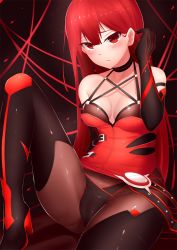 Rule 34 | 1girl, black footwear, black gloves, black pantyhose, blush, bodysuit, boots, breasts, bu li, camisole, crimson avenger (elsword), elbow gloves, elesis (elsword), elsword, gloves, groin, hand in own hair, hand up, knee up, long hair, looking at viewer, medium breasts, pantyhose, parted lips, red eyes, red gloves, red hair, red ribbon, ribbon, sitting, solo, spread legs, sweatdrop, thigh boots, thighhighs