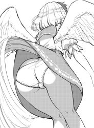 Rule 34 | ass, bent over, bird tail, bird wings, clothes lift, facing away, feathered wings, frilled panties, frills, from below, greyscale, kneepits, monochrome, multicolored hair, niwatari kutaka, panties, short hair, short sleeves, skirt, skirt lift, tail, tail raised, touhou, two-tone hair, underwear, upskirt, urin, white panties, wily beast and weakest creature, wings