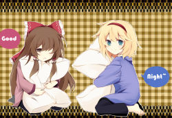 Rule 34 | alice margatroid, alternate costume, black legwear, black pants, blonde hair, blue eyes, bow, brown eyes, brown hair, chinese commentary, commentary request, english text, faech, hair bow, hair tubes, hairband, hakurei reimu, highres, long hair, long sleeves, mixed-language commentary, hugging object, one eye closed, pajamas, pants, partial commentary, pillow, pillow hug, short hair, smile, touhou