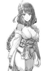 Rule 34 | 1girl, braid, breasts, cleavage, detached sleeves, genshin impact, greyscale, hair ornament, japanese clothes, long hair, looking at viewer, medium breasts, mole, mole under eye, monochrome, parted lips, raiden shogun, sbs, simple background, single braid, sketch, solo, thighhighs, very long hair