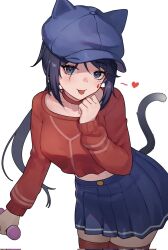 1girl animal_ears black_hair blue_eyes blue_hat blue_skirt blush breasts cat_ears cat_tail commentary cool_mita_(miside) corrupted_twitter_file crop_top fake_animal_ears hair_between_eyes hat heart highres hitachi_magic_wand iffyru long_hair long_sleeves looking_at_viewer medium_breasts miniskirt miside pleated_skirt ponytail sex_toy simple_background skirt solo standing tail thighhighs tongue tongue_out very_long_hair vibrator white_background zettai_ryouiki