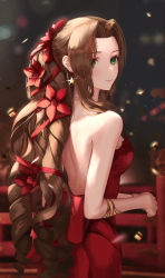Rule 34 | 1girl, absurdres, aerith gainsborough, aerith gainsborough (red dress), backless dress, backless outfit, bare arms, bare back, bare shoulders, blurry, blurry background, blush, bokeh, braid, brown hair, closed mouth, depth of field, dress, earrings, falling petals, final fantasy, final fantasy vii, final fantasy vii remake, flamenco dress, flower, from behind, glint, green eyes, hair flower, hair ornament, hair ribbon, highres, jewelry, long hair, looking at viewer, looking back, necklace, official alternate costume, petals, red dress, red flower, red ribbon, revision, ribbon, ringlets, sidelocks, smile, solo, square enix, standing, star (symbol), star earrings, strapless, strapless dress, tooku0, twin braids, very long hair, wall market