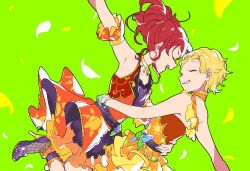 Rule 34 | 2girls, aikatsu!, aikatsu! (series), armpits, bad id, bad twitter id, bare shoulders, blonde hair, closed eyes, dancing, detached sleeves, dress, dutch angle, facing another, green background, hand on another&#039;s waist, high heels, idol, idol clothes, kurebayashi juri, long hair, multiple girls, open mouth, orange dress, outstretched arm, petals, ponytail, red dress, red hair, shinjo hinaki, shiontaso, shoes, short hair, smile, standing, standing on one leg, sun print