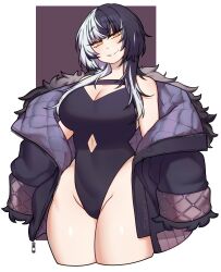 Rule 34 | 1girl, absurdres, adapted costume, black choker, black hair, black one-piece swimsuit, breasts, choker, cleavage, coat, fur trim, grey hair, hair ornament, highleg, highres, hololive, hololive english, jacket, large breasts, long hair, looking at viewer, multicolored hair, one-piece swimsuit, saane, shiori novella, shiori novella (1st costume), smile, smug, solo, split-color hair, swimsuit, two-tone hair, virtual youtuber, yellow eyes
