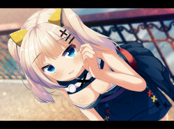 Rule 34 | 1girl, bare arms, black dress, blue eyes, blurry, blurry background, blush, breasts, chinomaron, cleavage, cleavage cutout, clothing cutout, commentary request, depth of field, dress, hair ornament, highres, kaguya luna, leaning forward, long hair, looking at viewer, obi, parted lips, sash, sidelocks, silver hair, sleeveless, sleeveless dress, smile, solo, the moon studio, twintails, virtual youtuber