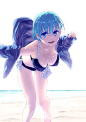 Rule 34 | 10s, 1girl, aqua eyes, aqua hair, backlighting, beach, bent over, bikini, bikini under clothes, breasts, cleavage, collarbone, colored eyelashes, commentary request, female focus, front-tie bikini top, front-tie top, hair ornament, hair up, hairclip, hanging breasts, highres, himura kiseki, hood, hoodie, kantai collection, large breasts, leaning forward, off shoulder, open mouth, outdoors, side-tie bikini bottom, sleeves past wrists, smile, solo, suzuya (kancolle), swimsuit, swimsuit under clothes, thigh gap