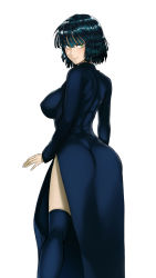 Rule 34 | 1girl, ass, black hair, black thighhighs, blue thighhighs, breasts, covered erect nipples, dress, female focus, fubuki (one-punch man), green eyes, highres, impossible clothes, large breasts, light smile, looking at viewer, looking back, one-punch man, short hair, simple background, smile, solo, the golden smurf, thighhighs, thighs, white background