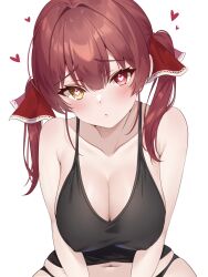 Rule 34 | 1girl, bare shoulders, black panties, black shirt, blush, breasts, cleavage, closed mouth, collarbone, covered erect nipples, hair ribbon, heart, heart-shaped pupils, heterochromia, highres, holika baby, hololive, houshou marine, large breasts, long hair, looking at viewer, navel, no bra, panties, pout, red eyes, red hair, red ribbon, ribbon, shirt, sleeveless, sleeveless shirt, solo, spaghetti strap, steam, stomach, symbol-shaped pupils, twintails, underwear, virtual youtuber, white background, yellow eyes