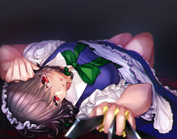 Rule 34 | 1girl, apron, blurry, blurry background, blurry foreground, braid, dark background, depth of field, foreshortening, highres, holding, holding knife, izayoi sakuya, knife, light particles, lying, maid, maid headdress, mini dang01, on back, perspective, red eyes, touhou, waist apron