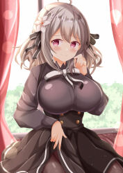 Rule 34 | 1girl, ahoge, black bow, black shirt, black skirt, blush, bow, breasts, brown hair, brown pantyhose, closed mouth, clothes lift, commentary request, curtains, day, flower, hair between eyes, hair bow, hair flower, hair ornament, hand up, highres, indoors, large breasts, lifted by self, lily (spy kyoushitsu), pantyhose, red eyes, shirt, sitting, skirt, skirt lift, smile, solo, spy kyoushitsu, white bow, white flower, window, xenon (for achieve)