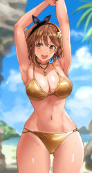 Rule 34 | 1girl, :d, armpits, arms up, atelier (series), atelier ryza, atelier ryza 2, bikini, black choker, black hairband, blue sky, blurry, blurry background, braid, breasts, brown eyes, brown hair, choker, cleavage, cloud, curvy, daraz, gold bikini, hairband, highres, jewelry, key, key necklace, large breasts, navel, necklace, ocean, open mouth, reisalin stout, shore, short hair, sky, smile, solo, sweat, swimsuit, thong bikini, wet, wide hips