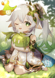 Rule 34 | 1girl, 1other, absurdres, bare shoulders, barefoot, blurry, blurry foreground, blush, bracelet, cape, colored skin, commentary request, cross, cross-shaped pupils, detached sleeves, dress, eyelashes, fingernails, genshin impact, gold, grass, green cape, green eyes, green hair, green skin, grey dress, grey hair, hair between eyes, hair ornament, hand up, heart, heart hair ornament, highres, jewelry, leaf, leaf hair ornament, long hair, looking to the side, multicolored hair, nahida (genshin impact), one eye closed, open mouth, outdoors, oyasumi (oyasumign8), pointy ears, ponytail, seiza, short sleeves, sidelocks, sitting, slime (genshin impact), smile, symbol-shaped pupils, tongue, tree, two-tone hair, white eyes