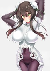 Rule 34 | 1girl, armpits, arms behind head, arms up, blush, bodysuit, breasts, brown hair, bun cover, chinese clothes, commentary request, covered navel, double bun, fate/grand order, fate (series), green eyes, green ribbon, hair between eyes, hair bun, hair ribbon, highres, hip focus, large breasts, long hair, looking at viewer, parted lips, qin liangyu (fate), ribbon, sankakusui, sidelocks, simple background, solo, thighs, white background, white bodysuit