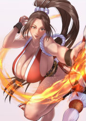 Rule 34 | 1girl, breasts, brown eyes, brown hair, cleavage, fatal fury, female focus, fire, huge breasts, long hair, looking at viewer, matching hair/eyes, ninja, open mouth, ponytail, revealing clothes, shiranui mai, smile, solo, thick thighs, thighs