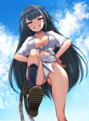 Rule 34 | 1girl, azur lane, black hair, blue eyes, blue sky, blush, breasts, cleavage, cloud, collarbone, commentary request, day, deutschland (azur lane), from below, front-tie top, fundoshi, gluteal fold, hands on own hips, headband, highres, japanese clothes, loincloth, long hair, looking at viewer, medium breasts, midriff, multicolored hair, narrowed eyes, navel, rope, sandals, shirt, sky, smile, smirk, solo, stepping, streaked hair, tango (tn500), tied shirt, very long hair, white shirt