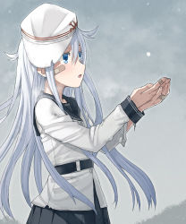 Rule 34 | 1girl, anchor print, bandaged fingers, bandages, belt, black sailor collar, black skirt, blue eyes, blue hair, from side, hair between eyes, hands up, hat, hibiki (kancolle), itou (onsoku tassha), jitome, kantai collection, long hair, parted lips, pleated skirt, sailor collar, school uniform, serafuku, skirt, snowflakes, snowing, solo, standing, verniy (kancolle), very long hair, white hat