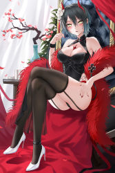 Rule 34 | 1girl, absurdres, alternate costume, anklet, ass, azur lane, between breasts, black dress, black footwear, black thighhighs, blush, breasts, cape, cleavage, cleavage cutout, clothing cutout, commentary request, cross, crossed legs, devil heavens, dress, fingernails, flower, full body, fur-trimmed cape, fur scarf, fur trim, garter straps, hair between eyes, hair flower, hair ornament, high heels, highres, horns, iron cross, jewelry, large breasts, long fingernails, looking at viewer, makeup, mechanical horns, nail polish, o-ring, off shoulder, open mouth, patent heels, petals, pumps, red horns, red nails, shoes, short hair, sidelocks, sitting, solo, stiletto heels, thighhighs, thighs, ulrich von hutten (azur lane), white footwear, wristband, yellow eyes