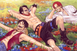 Rule 34 | 3boys, amputee, arisue kanako, brothers, field, flower, freckles, hat, lying, male focus, monkey d. luffy, multiple boys, on back, one piece, open clothes, open shirt, outstretched arms, portgas d. ace, red hair, shanks (one piece), shirt, shorts, siblings, smile, spread arms, vest