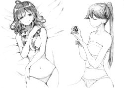 Rule 34 | 2girls, ahoge, applying manicure, bed sheet, breasts, cleavage, closed eyes, greyscale, hair ornament, hair ribbon, highres, houshou (kancolle), kantai collection, long hair, looking at viewer, lying, monochrome, multiple girls, nail polish, painting nails, panties, ponytail, ribbon, ryuuhou (kancolle), sarashi, simple background, sitting, small breasts, smile, taigei (kancolle), topless, traditional media, tsuji kazuho, underwear