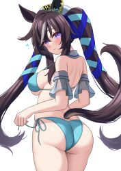 Rule 34 | 1girl, animal ears, ass, bikini, blue bikini, blush, breasts, brown hair, closed mouth, ear covers, from behind, hair between eyes, highres, horse ears, horse girl, horse tail, kibihimi, large breasts, long hair, looking at viewer, purple eyes, side-tie bikini bottom, simple background, single ear cover, smile, solo, standing, swimsuit, tail, twintails, umamusume, vivlos (umamusume), white background