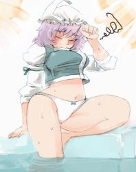 Rule 34 | 1girl, bad id, bad pixiv id, bow, breasts, curvy, eyebrows, closed eyes, female focus, hair bow, hat, hip focus, hot, ice, iroyopon, large breasts, letty whiterock, light purple hair, midriff, mouth hold, navel, no pants, panties, pool, poolside, soaking feet, solo, sweat, thick eyebrows, touhou, underwear, water, white panties, wide hips