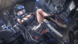 Rule 34 | 1girl, ahoge, assault rifle, blue eyes, blue hair, box, breasts, broken window, buckle, drone, fire extinguisher, goggles, goggles on head, gun, head-mounted display, headset, highres, huge breasts, jacket, looking at viewer, magazine (weapon), mask, mask around neck, mechanical legs, necktie, off shoulder, original, polo88kai, prosthesis, prosthetic leg, removing legwear, respirator, rifle, science fiction, single sock, sitting, snap-fit buckle, socks, solo, umbrella, weapon