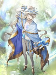 Rule 34 | 1boy, :d, airm, arm up, asymmetrical hair, blue cape, blue cheese (food fantasy), blue eyes, blue feathers, blue ribbon, bow (music), braid, brown footwear, cape, collarbone, eyelashes, feather hair ornament, feathers, fedora, food fantasy, forest, from above, glasses, gold trim, grass, grey pants, hair between eyes, hair ornament, hand on headwear, hat, hat ribbon, highres, holding, holding instrument, holding violin, instrument, long hair, looking at viewer, male focus, music, musical note, nature, official art, open clothes, open mouth, open shirt, outdoors, pale skin, pants, partially unbuttoned, ribbon, round eyewear, sash, scar, scar on chest, shirt, sleeve cuffs, smile, solo, standing, third-party source, tree, veins, violin, wavy hair, white hair, white hat, white shirt