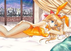 Rule 34 | 1girl, aino minako, animal ears, apartment, arm behind head, artist request, balcony, bed, bedroom, bishoujo senshi sailor moon, blonde hair, blue eyes, bow, bowtie, breasts, city, cleavage, collarbone, come hither, detached collar, earrings, fake animal ears, fishnet pantyhose, fishnets, hand on thigh, jewelry, leotard, long hair, looking at viewer, lying, medium breasts, pantyhose, pillow, playboy bunny, rabbit ears, ribbon, sailor venus, sky, snow, very long hair, window, wrist cuffs