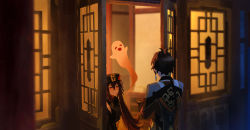 1boy 1girl black_gloves black_hair black_headwear brown_hair coat crossed_arms door doorway earrings flower flower-shaped_pupils genshin_impact ghost gloves hair_between_eyes hat hat_flower highres hu_tao_(genshin_impact) jewelry long_hair long_sleeves low_twintails multicolored_hair night omegu ponytail red_eyes sidelocks single_earring smile symbol-shaped_pupils tassel tassel_earrings twintails zhongli_(genshin_impact)