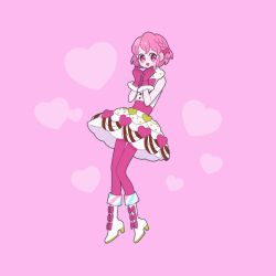 Rule 34 | 1boy, :d, boots, commentary request, crossdressing, dress, full body, gloves, hands up, heart, heart print, high heels, highres, knee boots, looking at viewer, mole, mole under eye, nyaasechan, open mouth, pantyhose, pink background, pink eyes, pink gloves, pink hair, pink pantyhose, pink theme, pretty series, pripara, reona west, short hair, simple background, smile, solo, standing, trap, white dress, white footwear