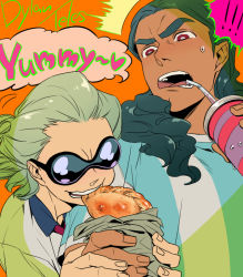 Rule 34 | 2boys, bad id, bad pixiv id, character name, dylan keith, eating, empanada, english text, food, goggles, green hair, heart, inazuma eleven, inazuma eleven (series), long hair, male focus, multiple boys, open mouth, orange background, red eyes, simple background, soccer uniform, spoken heart, sportswear, tei03, teres tolue, unicorn (inazuma eleven), upper body