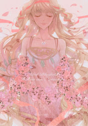 Rule 34 | 1girl, akehata hikari, bad id, bad pixiv id, blonde hair, braid, character name, clenched hand, closed eyes, collarbone, dress, facing viewer, flower, hair ribbon, helena des armoises, jewelry, kaizoku oujo, long hair, necklace, pink dress, pink ribbon, ribbon, solo, standing, very long hair
