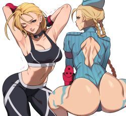 Rule 34 | 1girl, absurdres, armpits, ass, cammy white, curvy, from behind, garrison cap, hat, highres, leotard, looking back, multiple views, porqueloin, spread legs, street fighter, street fighter 6, street fighter zero (series), stretching, white background