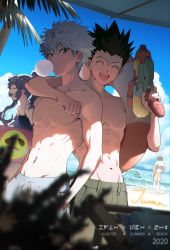 Rule 34 | 1other, 3boys, abs, alluka zoldyck, arm around shoulder, black hair, blonde hair, blowing bubbles, chewing gum, closed eyes, cloud, cloudy sky, day, gelogameshen68, gon freecss, highres, hunter x hunter, killua zoldyck, kurapika, long hair, male focus, male swimwear, multiple boys, navel, open mouth, outdoors, palm tree, siblings, sky, smile, spiked hair, summer, swim trunks, swimsuit, toned, toned male, tree, upper body, white hair, white male swimwear, white swim trunks