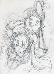 Rule 34 | back-to-back, detached sleeves, graphite (medium), greyscale, hair ribbon, holding hands, happy, hatsune miku, kagamine rin, looking up, maon, monochrome, ribbon, short hair, signature, sketch, thighhighs, traditional media, twintails, vocaloid, zettai ryouiki