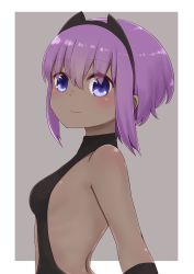 Rule 34 | 1girl, bare shoulders, black bodysuit, blush, bodysuit, breasts, closed mouth, dark-skinned female, dark skin, fate/prototype, fate/prototype: fragments of blue and silver, fate (series), from side, grey background, hair between eyes, hassan of serenity (fate), highres, i.u.y, looking at viewer, looking to the side, purple eyes, purple hair, short hair, small breasts, smile, solo, two-tone background, upper body, white background