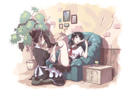 Rule 34 | 2girls, apron, black dress, black legwear, blush, brown eyes, brown hair, chair, closed mouth, cup, disposable cup, dress, expressionless, feet, food, foot worship, frilled apron, frills, green eyes, hands on feet, holding, holding food, kagawa yuusaku, looking at another, maid, maid headdress, multiple girls, neckerchief, no shoes, open mouth, original, pantyhose, plant, pleated skirt, popsicle, portrait (object), potted plant, puffy short sleeves, puffy sleeves, school uniform, serafuku, shirt, short sleeves, signature, single sock, sitting, skirt, socks, soles, tongue, tongue out, undressing, wainscoting, waist apron, wariza, white shirt