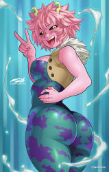 Rule 34 | 1girl, ashido mina, ass, bare shoulders, black sclera, blue background, bodysuit, boku no hero academia, breasts, colored sclera, colored skin, cowboy shot, darkereve, fluffy collar, from behind, highres, horns, looking back, medium breasts, messy hair, open mouth, pink hair, pink skin, short hair, skin tight, smile, solo, teeth, upper teeth only, v, vest, yellow eyes