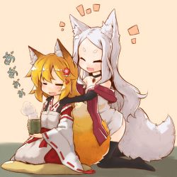 Rule 34 | 2girls, :d, ^ ^, animal ear fluff, animal ears, beige background, black legwear, blonde hair, closed eyes, commentary request, eyebrows, fang, fox ears, fox tail, hair ornament, highres, japanese clothes, kareya, kneeling, long hair, massage, miko, multiple girls, open mouth, parted bangs, senko (sewayaki kitsune no senko-san), sewayaki kitsune no senko-san, shiro (sewayaki kitsune no senko-san), short hair, silver hair, simple background, sitting, smile, steam, tail, tea, thick eyebrows, thighhighs, v-shaped eyebrows, wariza, wide sleeves
