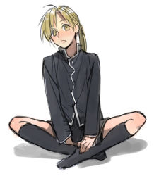 Rule 34 | 1boy, alphonse elric, androgynous, black shirt, blonde hair, fullmetal alchemist, long hair, long sleeves, looking at viewer, male focus, noako, open mouth, ponytail, shadow, shirt, simple background, solo, solo focus, thighhighs, white background, yellow eyes