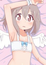 Rule 34 | 1boy, absurdres, angel, angel wings, arm up, armpits, bambi2000line, bandeau, bare arms, bare shoulders, bed sheet, blue bow, blush, bow, brown eyes, collarbone, commentary, cosplay, crossdressing, grey hair, hair between eyes, highres, looking at viewer, lying, male focus, on back, onii-chan wa oshimai!, oyama mahiro, oyama mahiro (cosplay), senkawa minato, solo, trap, upper body, white bandeau, wings, wrist cuffs