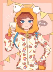 Rule 34 | 1girl, blue eyes, blush, brown hair, burger costume, durr burger, food-themed clothes, fortnite, highres, k ybancho, looking at viewer, onesie, onesie (fortnite), pajamas, simple background, smile, soda, solo