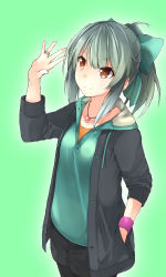 Rule 34 | 1girl, ahoge, alternate costume, black pantyhose, casual, closed mouth, collarbone, cowboy shot, green background, hand up, heart, heart necklace, highres, jewelry, kantai collection, long sleeves, myuto (advent retribution), necklace, pantyhose, pantyhose under shorts, pendant, ring, shorts, simple background, smile, solo, spread fingers, standing, yuubari (kancolle)