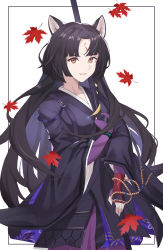Rule 34 | 1girl, animal ears, arknights, black hair, black kimono, brown eyes, commentary, cowboy shot, facial mark, fingerless gloves, forehead mark, gloves, grin, highres, japanese clothes, kimono, leaf, long hair, looking at viewer, parted lips, purple gloves, resolution mismatch, saga (arknights), smile, solo, source larger, very long hair, white background, wuzhu nis