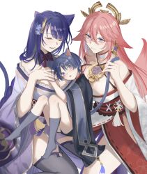 Rule 34 | 1boy, 2girls, animal ears, black thighhighs, blush, braid, breasts, cat boy, cat ears, cat girl, cat tail, closed eyes, closed mouth, earrings, fox ears, fox girl, fox tail, genshin impact, hair ornament, highres, japanese clothes, jewelry, large breasts, long hair, looking at viewer, megumui 9, miko, multiple girls, nail polish, parted lips, pink hair, purple eyes, purple hair, purple nails, raiden shogun, scaramouche (genshin impact), simple background, single braid, tail, tassel, thighhighs, very long hair, white background, wide sleeves, yae miko