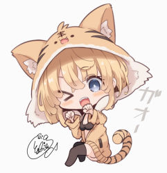 Rule 34 | &gt; o, 1girl, ;d, animal ear fluff, animal ears, animal hood, animal print, beni shake, bikini, black bikini, black thighhighs, blonde hair, blue eyes, blush, breasts, brown jacket, chibi, cleavage, commentary request, fake animal ears, fangs, full body, grey background, hair between eyes, hands up, hood, hood up, hooded jacket, jacket, long sleeves, looking at viewer, medium breasts, no shoes, one eye closed, open mouth, original, paw pose, simple background, smile, solo, swimsuit, tail, thighhighs, tiger ears, tiger girl, tiger hood, tiger print, tiger tail, translation request