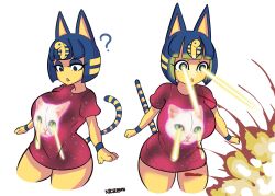 Rule 34 | 1girl, ?, absurdres, animal crossing, animal ears, animal print, ankha (animal crossing), blue hair, blunt bangs, bob cut, breasts, cat ears, cat print, cat tail, contrapposto, cropped legs, destruction, energy, energy bolt, eye beam, eyebrows hidden by hair, highres, large breasts, laser, laser bolt, looking ahead, looking down, multiple views, nicecream, nintendo, sanpaku, shirt, short hair, short sleeves, t-shirt, tail, thick thighs, thighs, triangle mouth, yellow energy bolt, yellow laser, yellow laser bolt