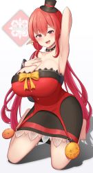 Rule 34 | absurdres, armpits, barefoot, bow, breasts, collar, dungeon and fighter, ear piercing, fang, hat, highres, huge breasts, mage (dungeon and fighter), piercing, red eyes, red hair, source request, twintails