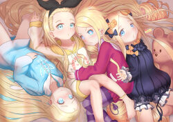 Rule 34 | 4girls, abigail williams (fate), absurdres, annoyed, arm at side, arm up, beatrice (re:zero), bed, black bow, black dress, blonde hair, blue archive, blue eyes, blue hoodie, blush, bow, child, closed mouth, collarbone, crossover, dress, embarrassed, expressionless, eyebrows, eyelashes, fate (series), feet out of frame, female focus, flower-shaped pupils, foot out of frame, frilled shorts, frills, gradient hoodie, hair bow, hand on own stomach, highres, hood, hood down, hoodie, hug, kurumi (lycoris recoil), lolipop ags, long sleeves, looking at viewer, lycoris recoil, lying, multiple girls, on back, on bed, on side, orange bow, parted lips, pink dress, purple thighhighs, re:zero kara hajimeru isekai seikatsu, shorts, sora (blue archive), striped clothes, striped thighhighs, symbol-shaped pupils, thighhighs, two-tone hoodie, upside-down, white hoodie, white shorts, yellow hoodie